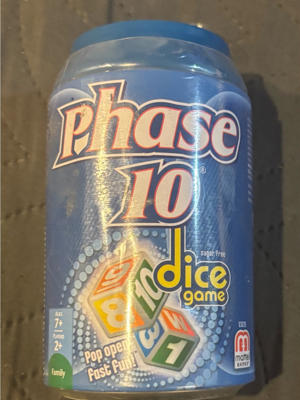 NEW/SEALED Phase 10 Dice Game Blue Tin Soda Can - 2012 Mattel Games